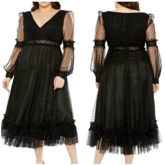 Mac Duggal 68567 Black Sheer Swiss Dot Long Sleeve V Neck Dress Size 12 NWT - Picture 1 of 9